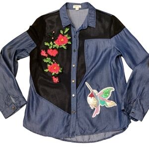 Dygarni Embroidered Sequin Chambray Mesh Button Shirt Women’s Large Hummingbird‎